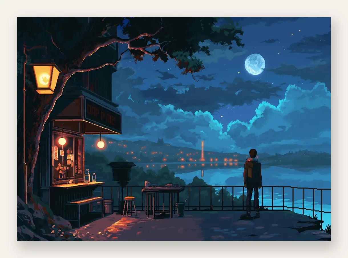 Cafe de nuit pixel art, terrasse illuminee sous la pleine lune et lumieres urbaines