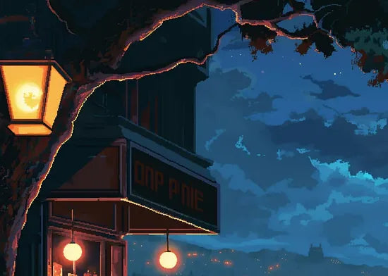 Gros plan sur la terrasse de cafe et la pleine lune de l'affiche pixel art