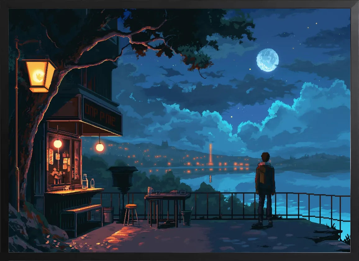 Encadrement noir mat autour de l'affiche pixel art cafe de nuit