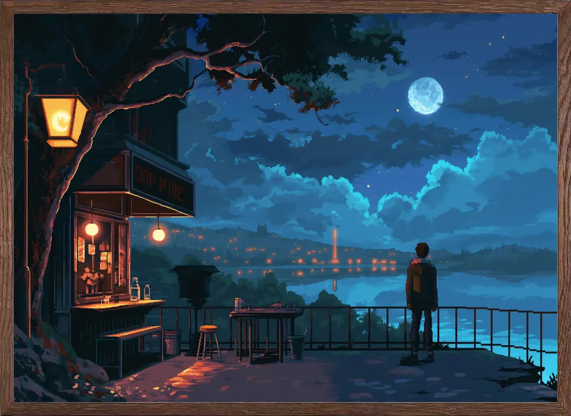 Cadre chene clair entourant l'affiche pixel art cafe de nuit