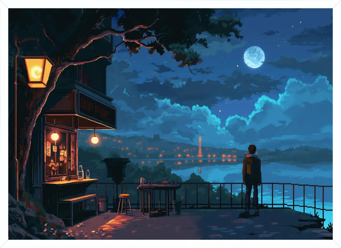 Cadre blanc epure presentant l'affiche pixel art cafe de nuit
