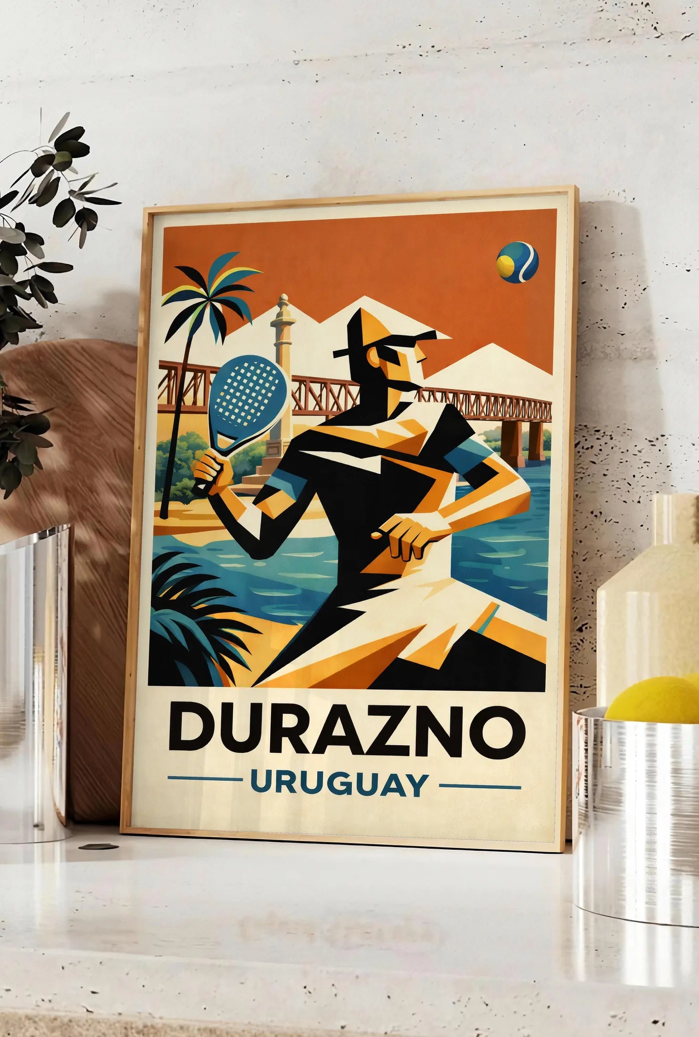 Affiche joueur stylisé en polo de plage, posee sur un plan de travail de cuisine en pierre claire, entre une branche d'eucalyptus en vase et un bocal de citrons
