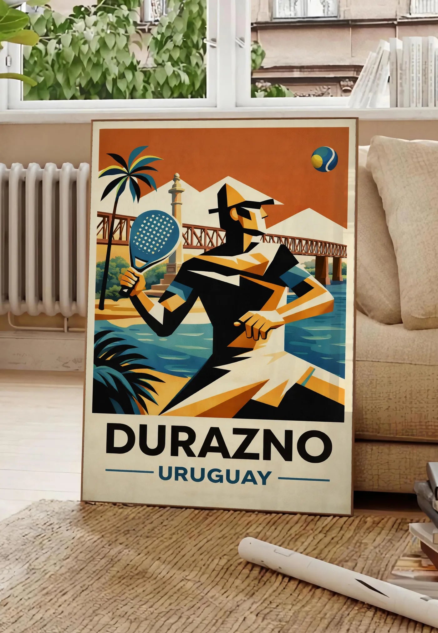 Poster joueur stylisé en polo de plage, posee au sol dans un salon parisien, devant une grande fenetre donnant sur un immeuble haussmannien, entre un ficus et un canape creme