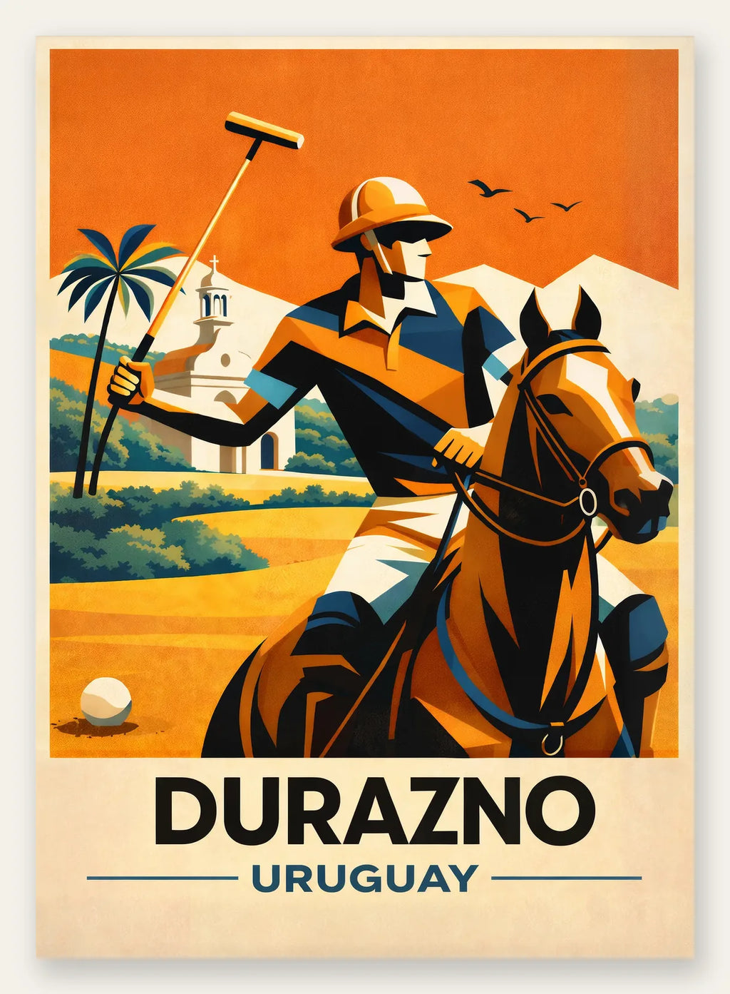 Affiche polo Durazno Uruguay, cavalier brandissant le maillet sur son cheval