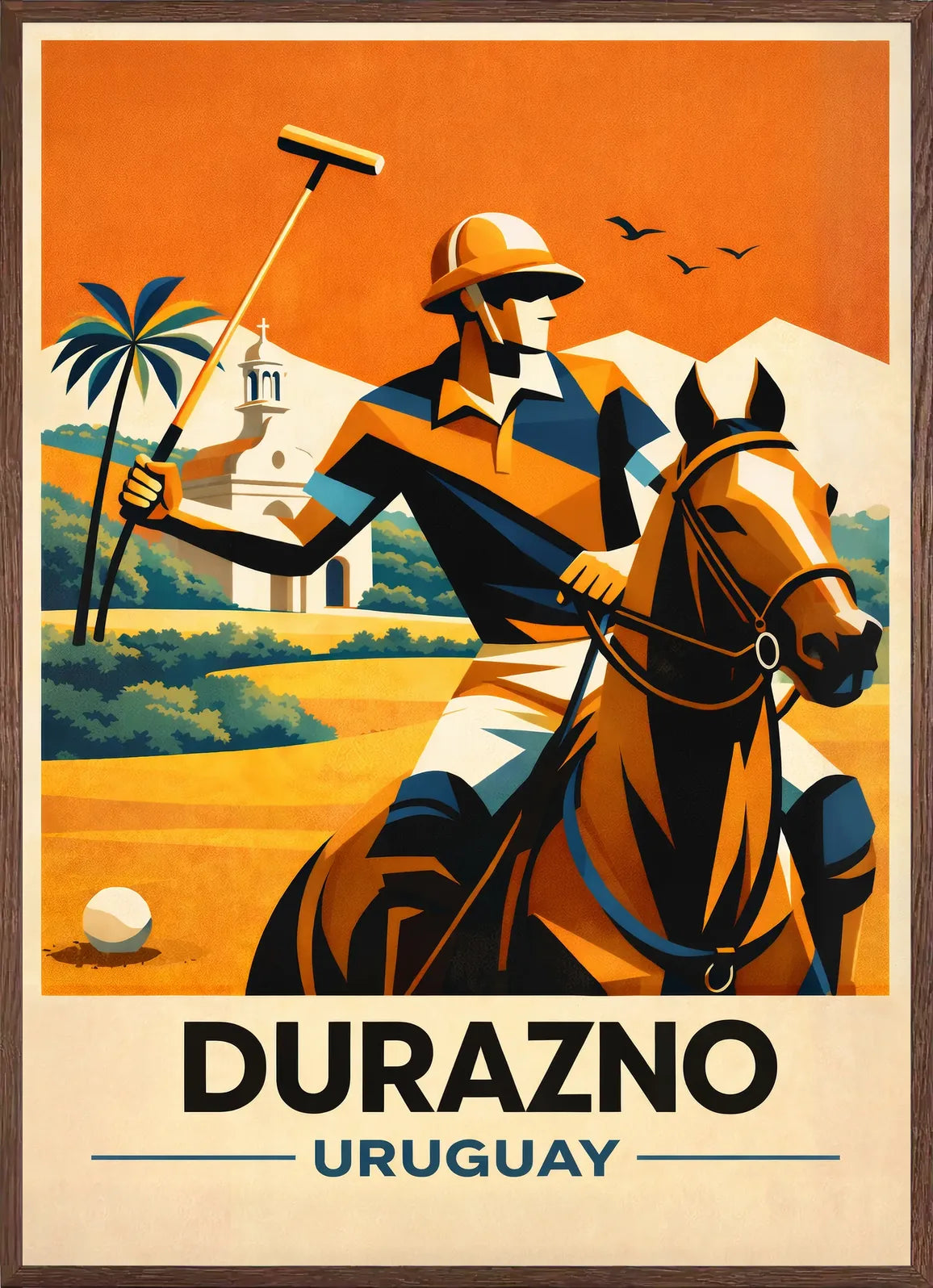 Cadre chene clair entourant l'affiche polo Durazno cavalier