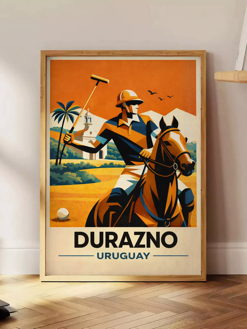 Estampe affiche polo Durazno Uruguay, posee au sol dans un coin salon, sur un parquet a chevrons, pres d'une table d'appoint en chene chargee de livres