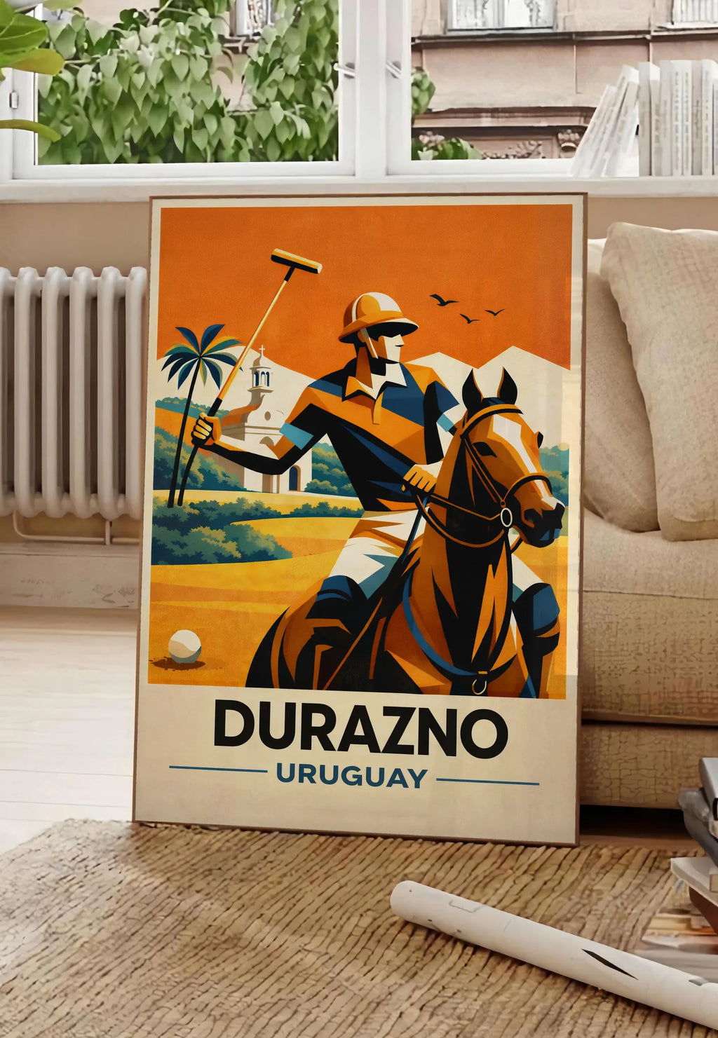 Poster affiche polo Durazno Uruguay, posee au sol dans un salon parisien, devant une grande fenetre donnant sur un immeuble haussmannien, entre un ficus et un canape creme