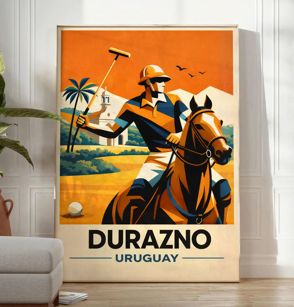 Reproduction affiche polo Durazno Uruguay, posee au sol dans un salon minimaliste clair, a cote d'un canape beige et d'une plante verte, sur un parquet clair
