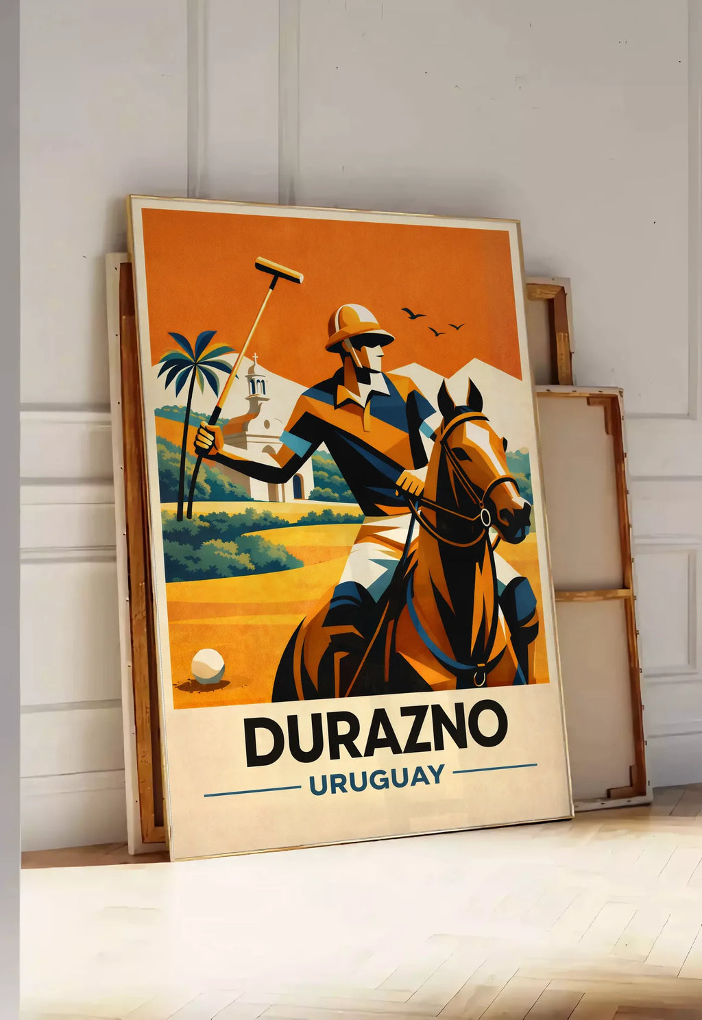 Tirage encadrable affiche polo Durazno Uruguay, posee au sol dans une entree lumineuse, contre un mur a panneaux blancs, a cote de chassis en bois empiles