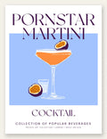 Affiche cocktail Pornstar Martini, verre coupe orange et fruit de la passion sur bleu lavande