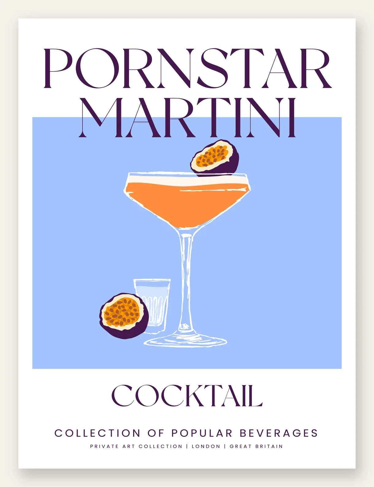 Affiche cocktail Pornstar Martini, verre coupe orange et fruit de la passion sur bleu lavande