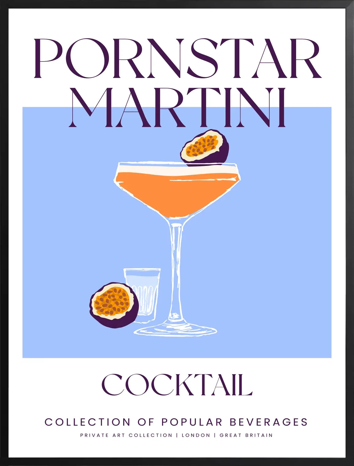 Encadrement noir mat autour du verre martini orange et fruit de la passion