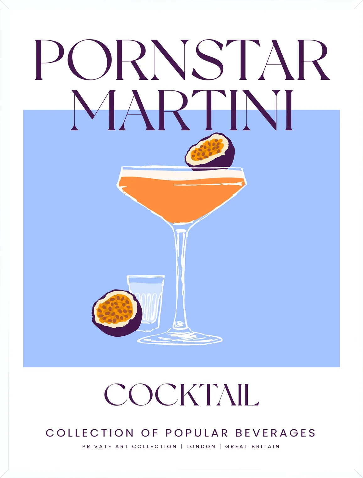 Cadre blanc epure presentant l'affiche cocktail pornstar martini bleu
