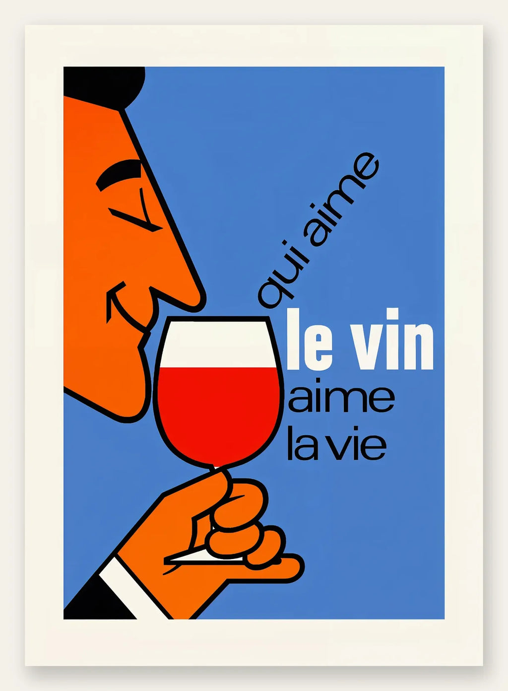Affiche Qui Aime Le Vin, homme de profil et verre de vin rouge sur fond bleu