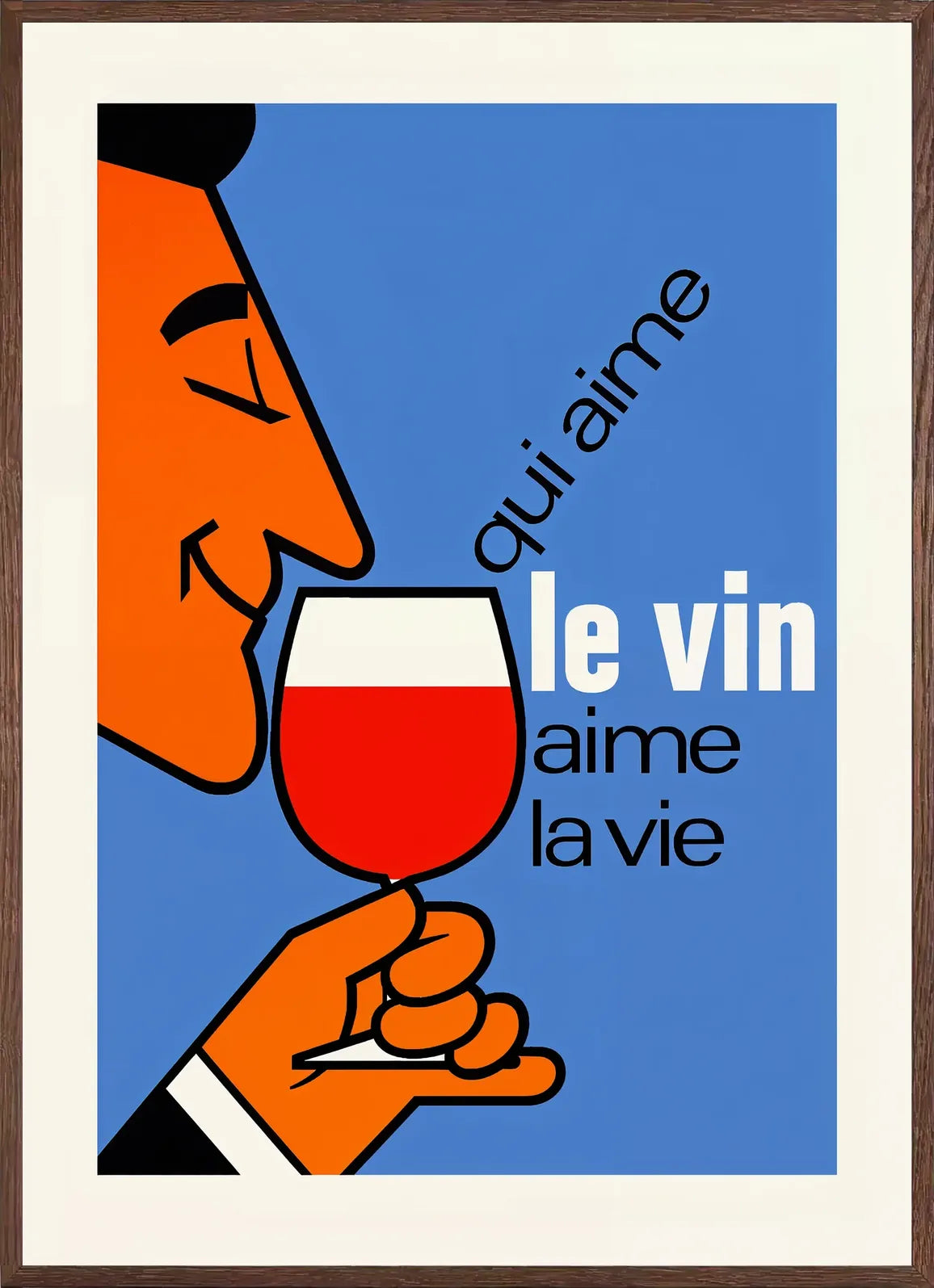 Cadre chene clair entourant l'affiche Qui Aime Le Vin mid-century