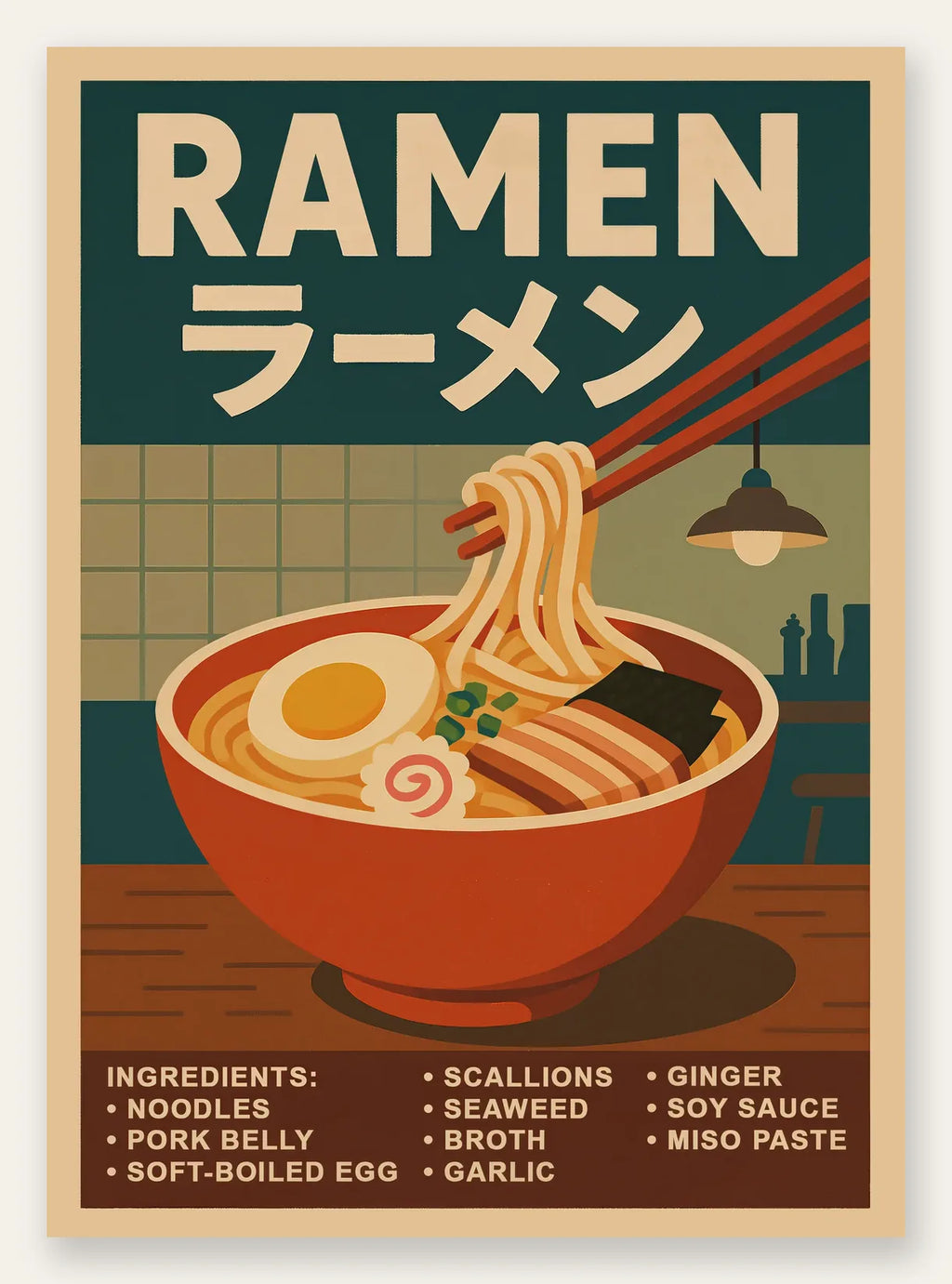 Affiche ramen bol fumant aux nouilles, oeuf et nori sur cuisine carrelee verte