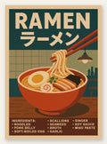 Affiche ramen bol fumant aux nouilles, oeuf et nori sur cuisine carrelee verte