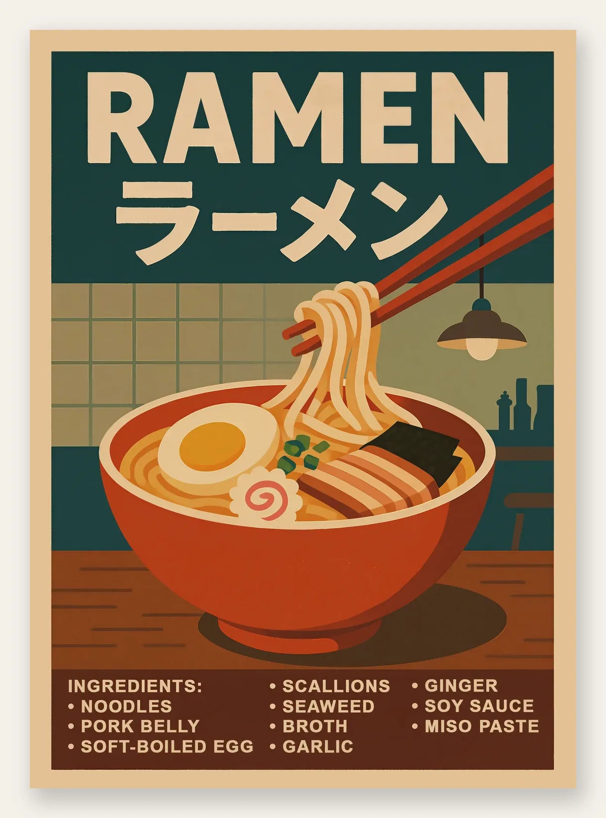 Affiche ramen bol fumant aux nouilles, oeuf et nori sur cuisine carrelee verte