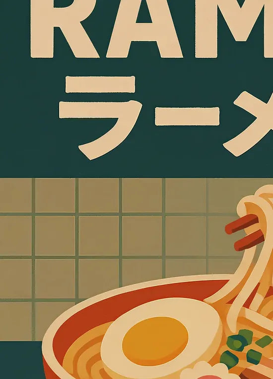 Gros plan sur les nouilles de ramen soulevees a la baguette et l'oeuf mollet