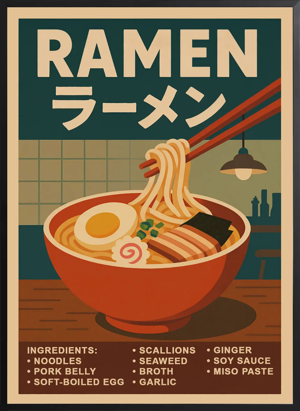 Encadrement noir mat autour du bol de ramen et du titre RAMEN