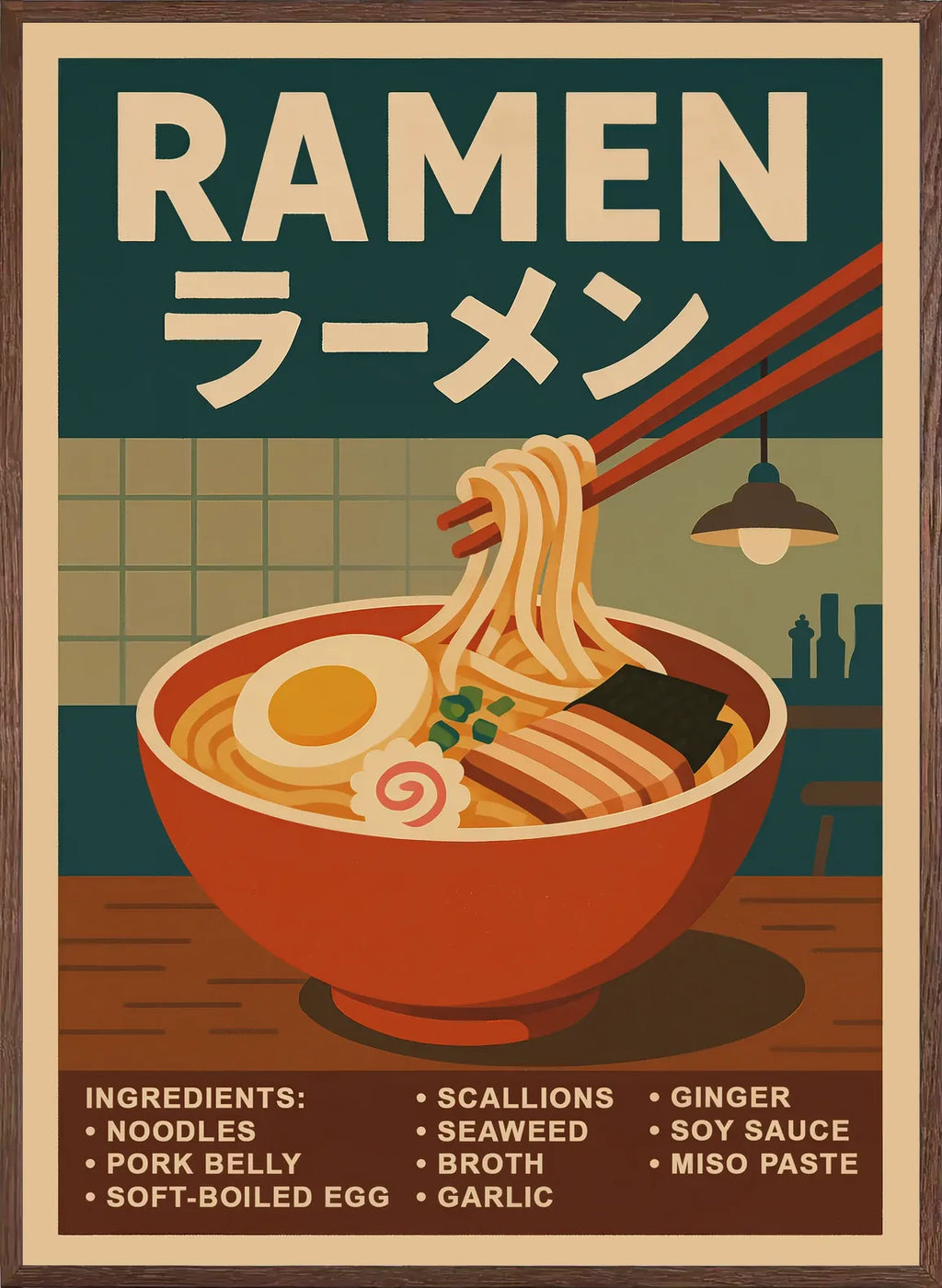 Cadre chene clair entourant l'affiche ramen bol cuisine retro