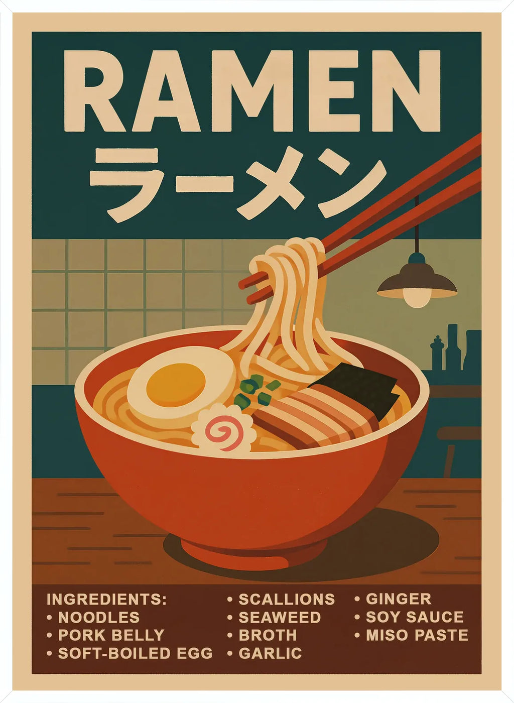 Cadre blanc epure presentant l'affiche ramen bol japonais