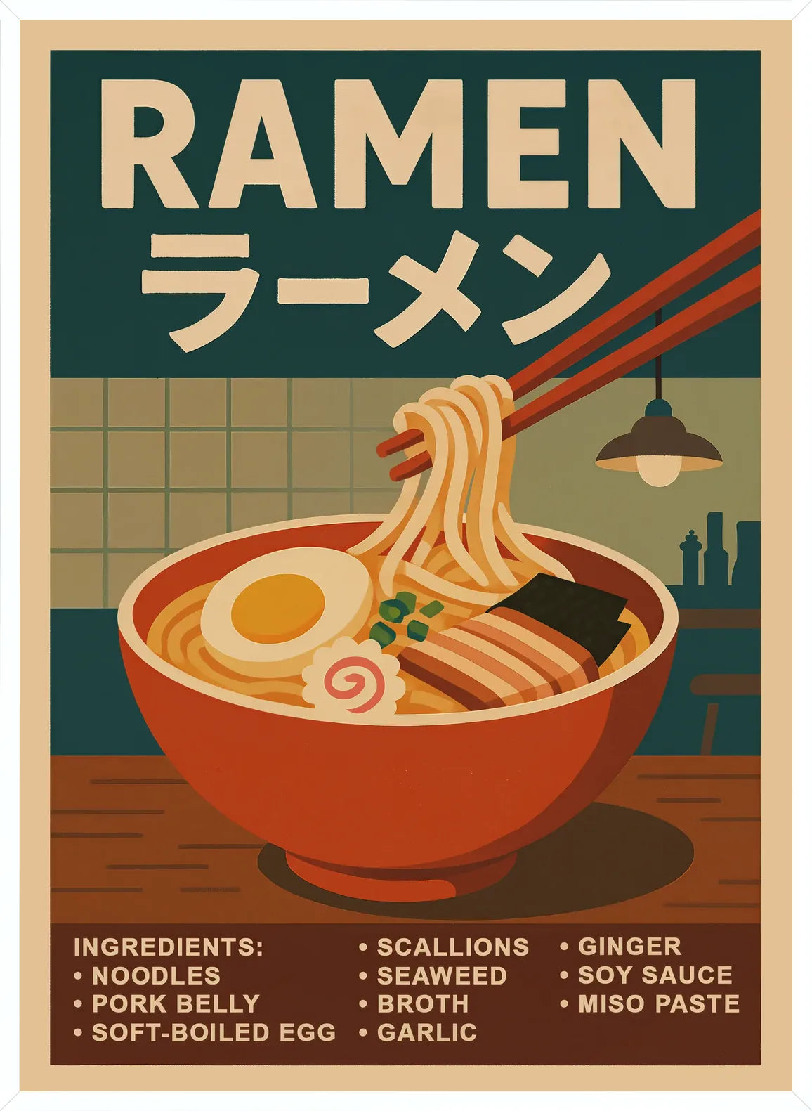 Cadre blanc epure presentant l'affiche ramen bol japonais