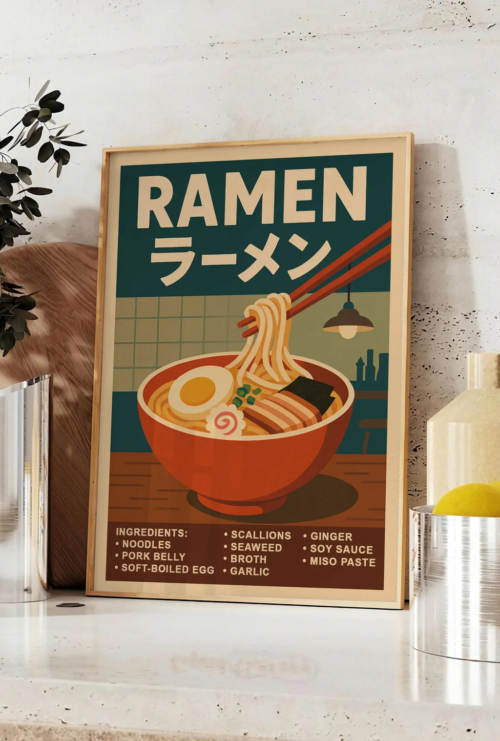 Affiche affiche ramen bol fumant aux nouilles, posee sur un plan de travail de cuisine en pierre claire, entre une branche d'eucalyptus en vase et un bocal de citrons