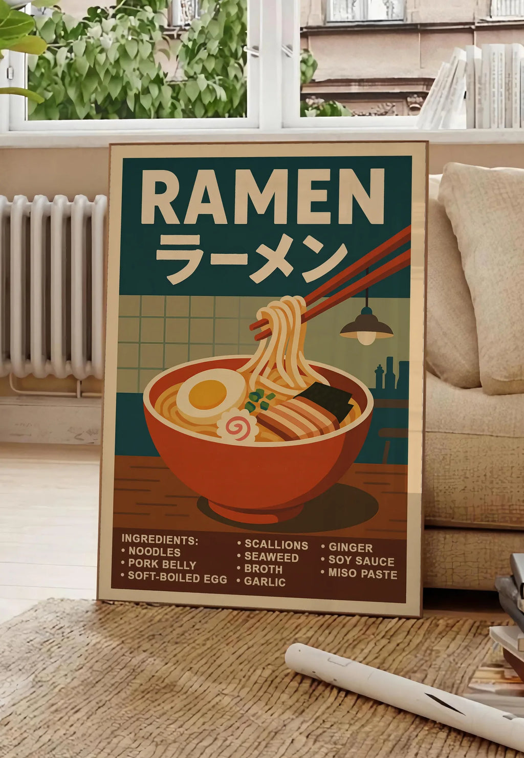 Poster affiche ramen bol fumant aux nouilles, posee au sol dans un salon parisien, devant une grande fenetre donnant sur un immeuble haussmannien, entre un ficus et un canape creme