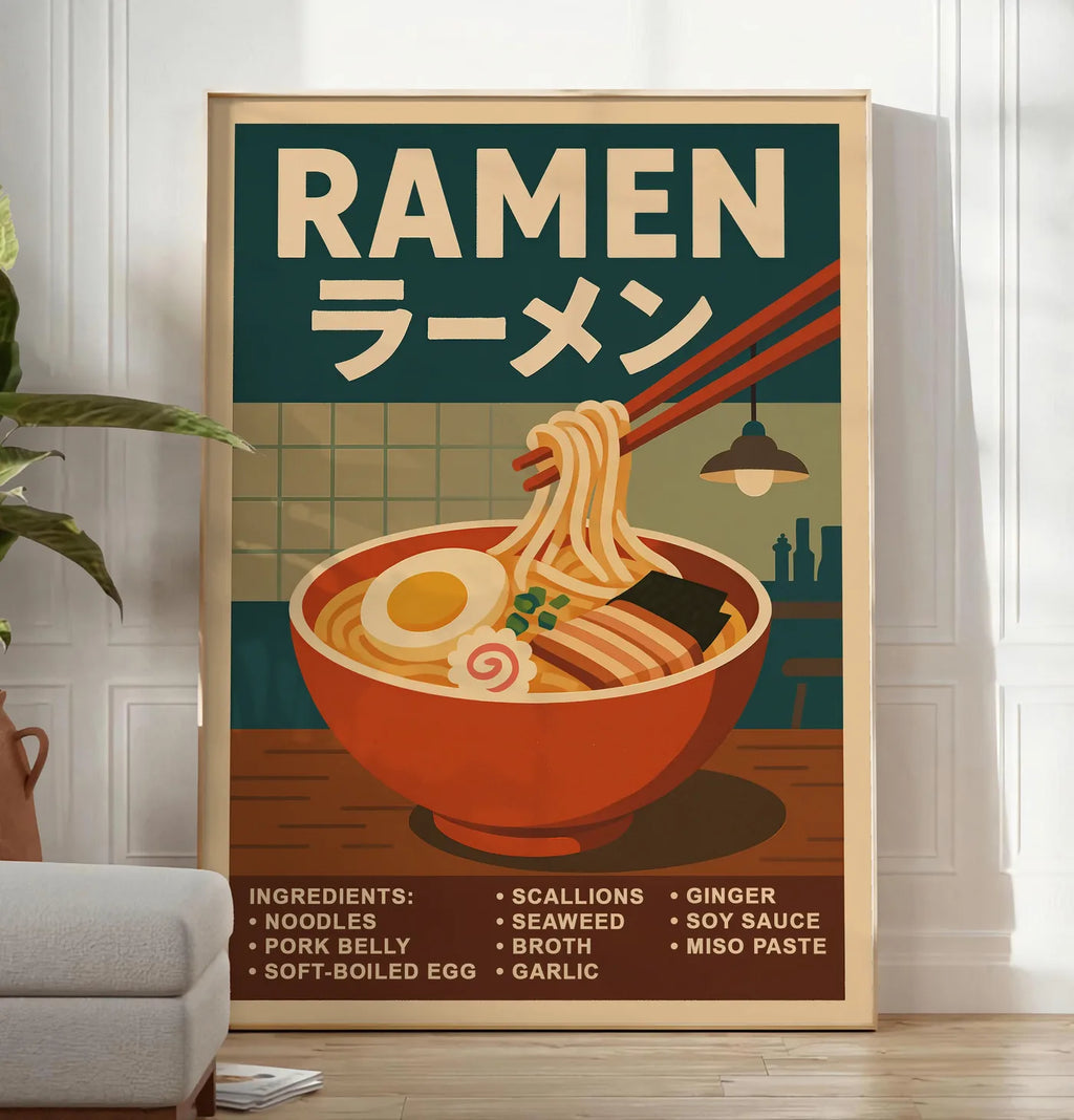 Reproduction affiche ramen bol fumant aux nouilles, posee au sol dans un salon minimaliste clair, a cote d'un canape beige et d'une plante verte, sur un parquet clair