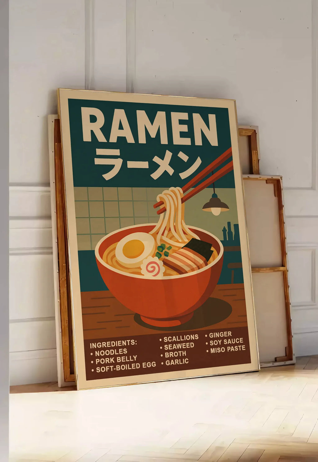 Tirage encadrable affiche ramen bol fumant aux nouilles, posee au sol dans une entree lumineuse, contre un mur a panneaux blancs, a cote de chassis en bois empiles