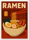 Affiche ramen bol et nouilles soulevees a la baguette dans une cuisine rouge brique