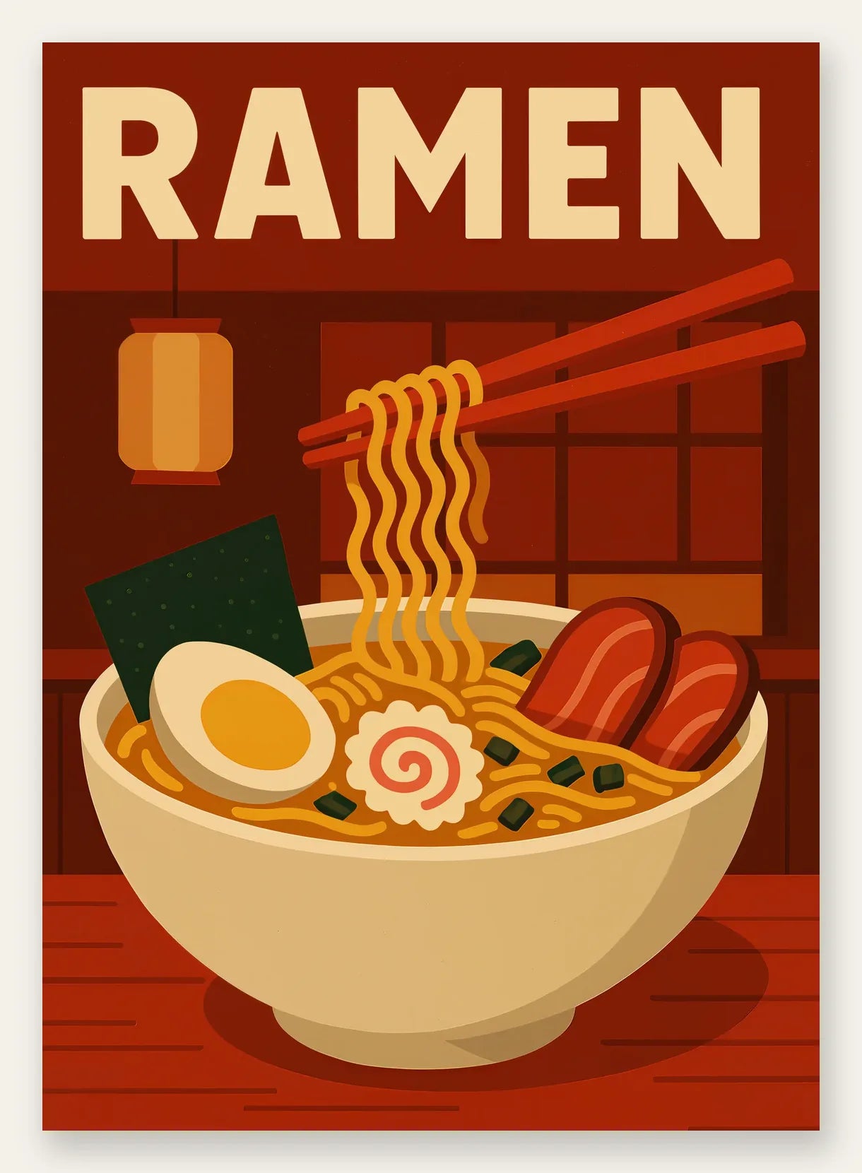 Affiche ramen bol et nouilles soulevees a la baguette dans une cuisine rouge brique