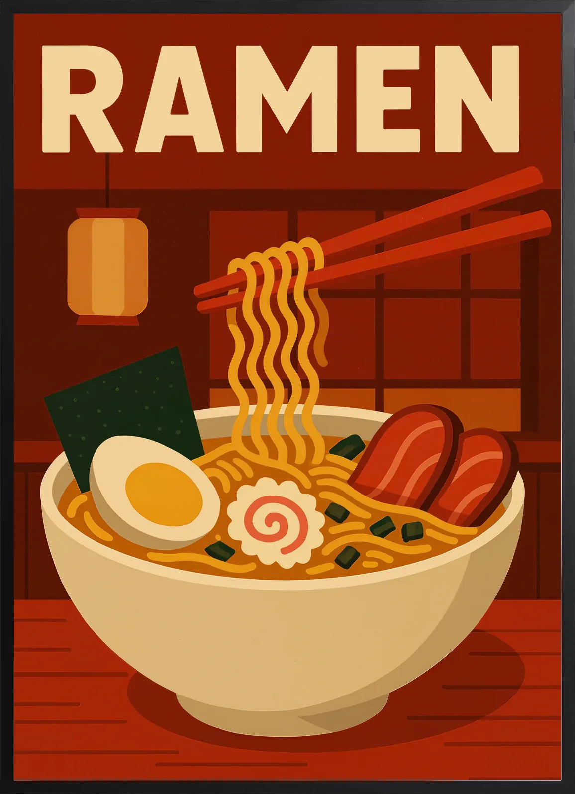 Encadrement noir mat autour du bol de ramen et des nouilles ondulees