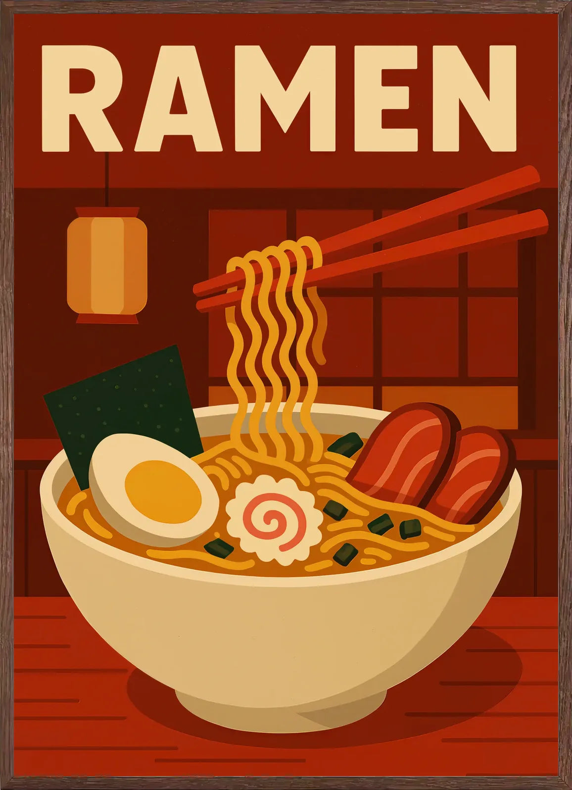 Cadre chene clair entourant l'affiche ramen nouilles cuisine retro