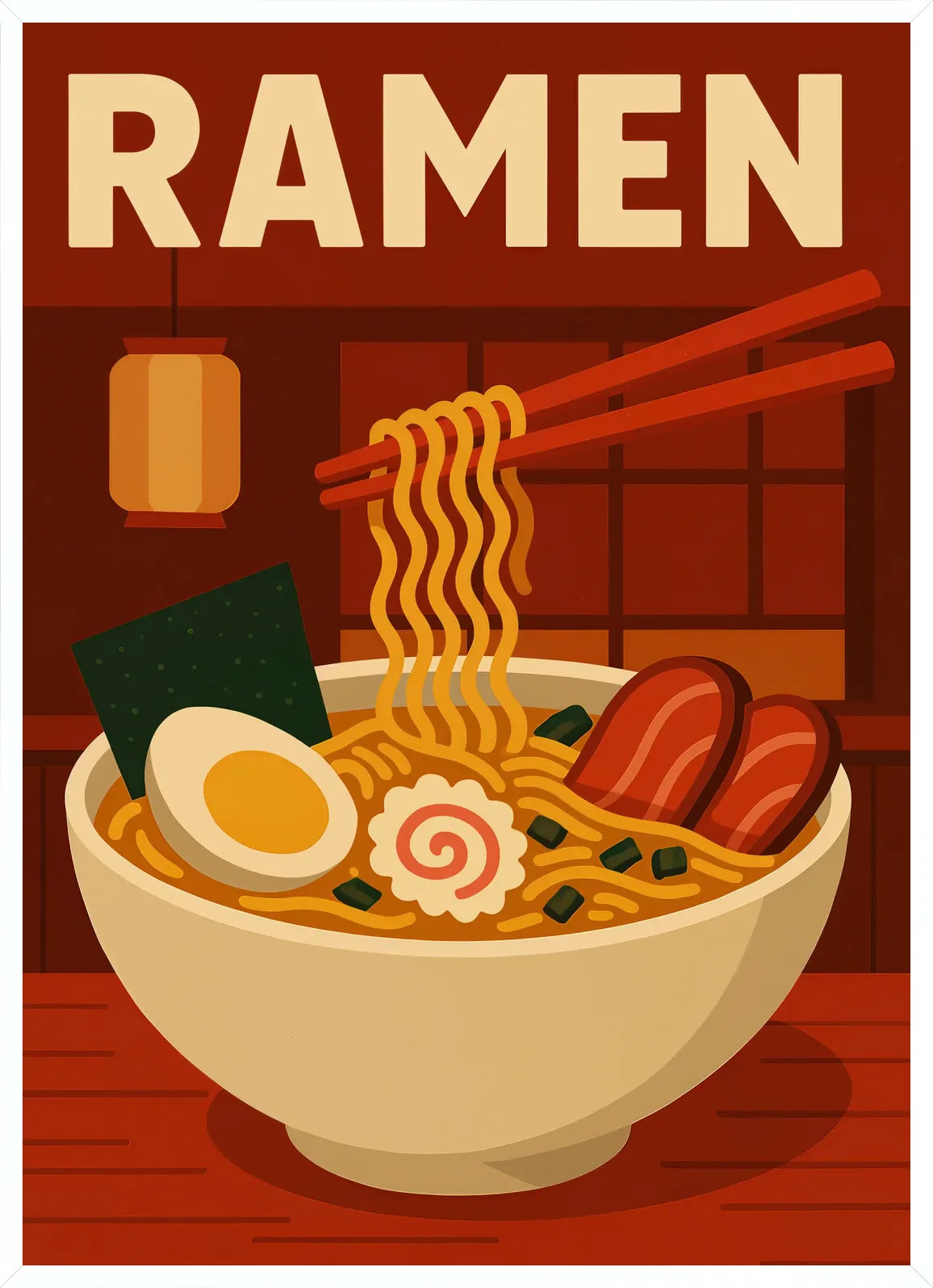 Cadre blanc epure presentant l'affiche ramen nouilles japonais