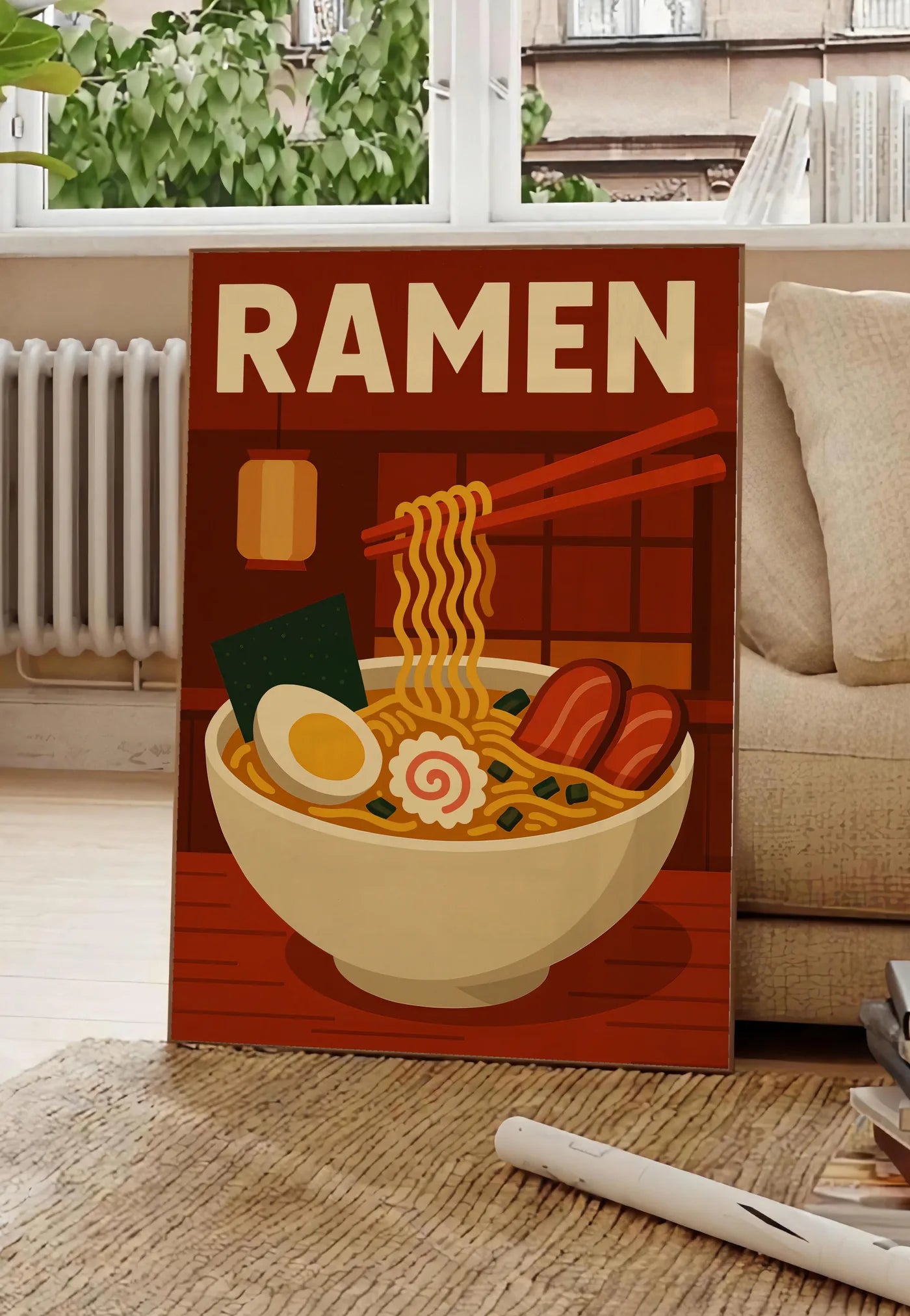 Poster affiche ramen bol et nouilles soulevees a la baguette dans une cuisine rouge brique, posee au sol dans un salon parisien, devant une grande fenetre donnant sur un immeuble haussmannien, entre un ficus et un canape creme