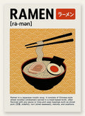 Affiche cuisine ramen japonais, bol noir, oeuf et nouilles sur fond ocre a vagues