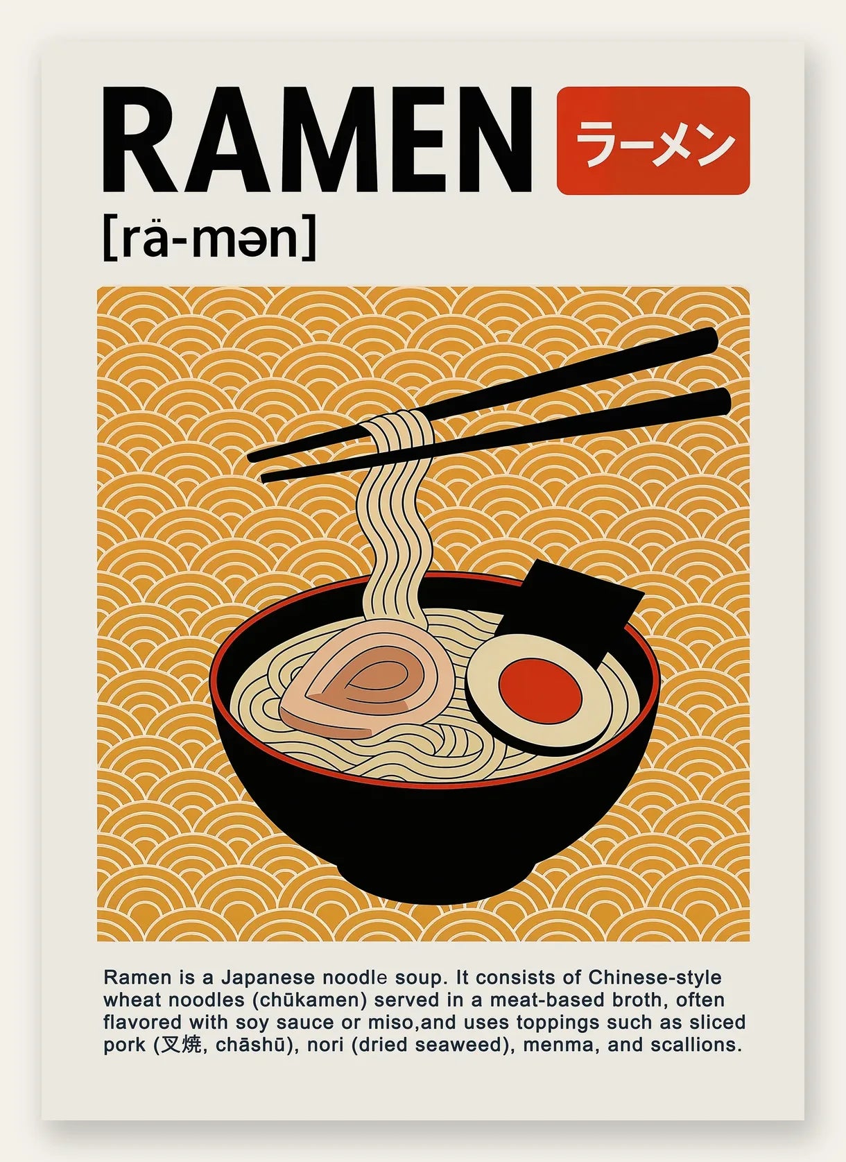 Affiche cuisine ramen japonais, bol noir, oeuf et nouilles sur fond ocre a vagues