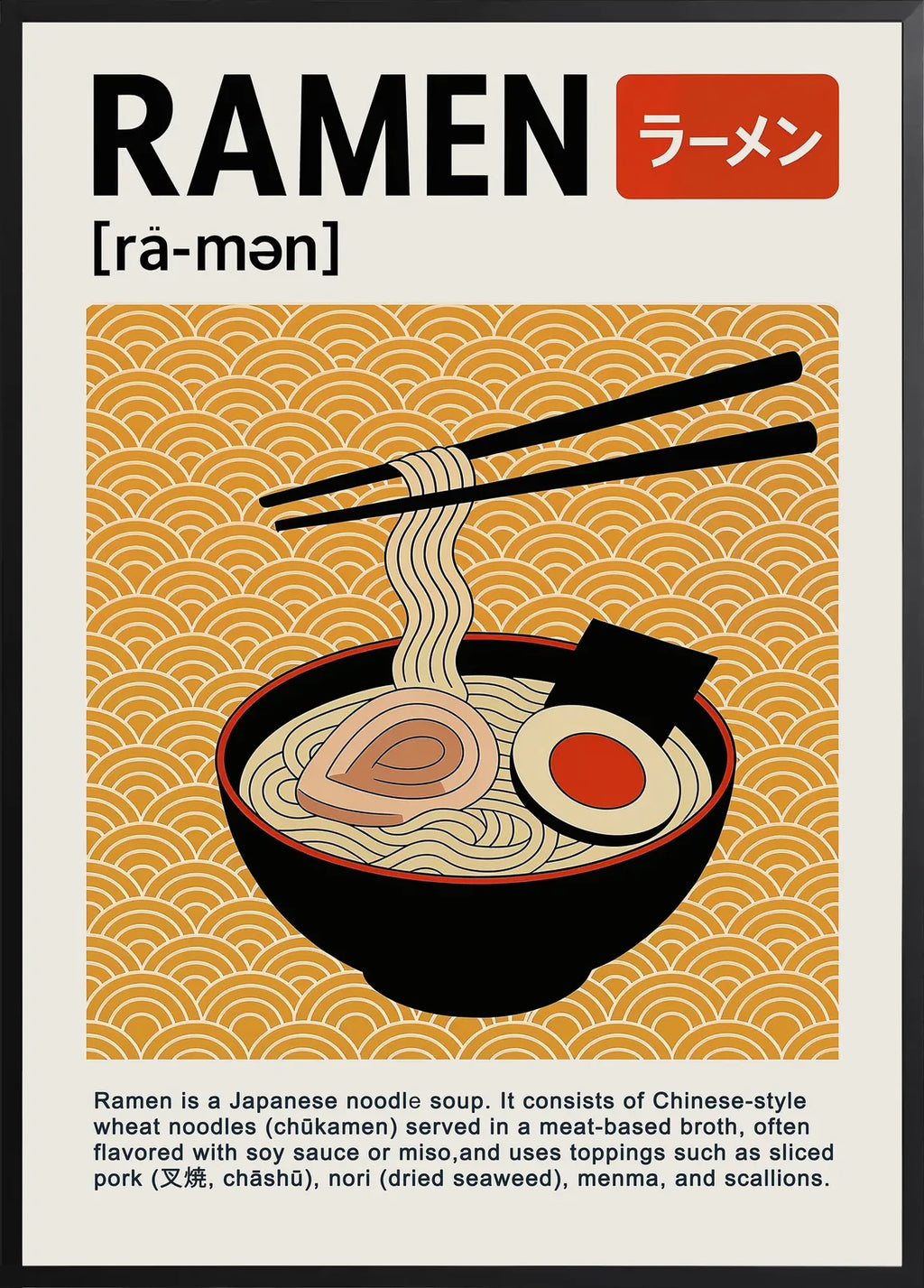 Encadrement noir mat autour du bol de ramen et de l'oeuf mollet