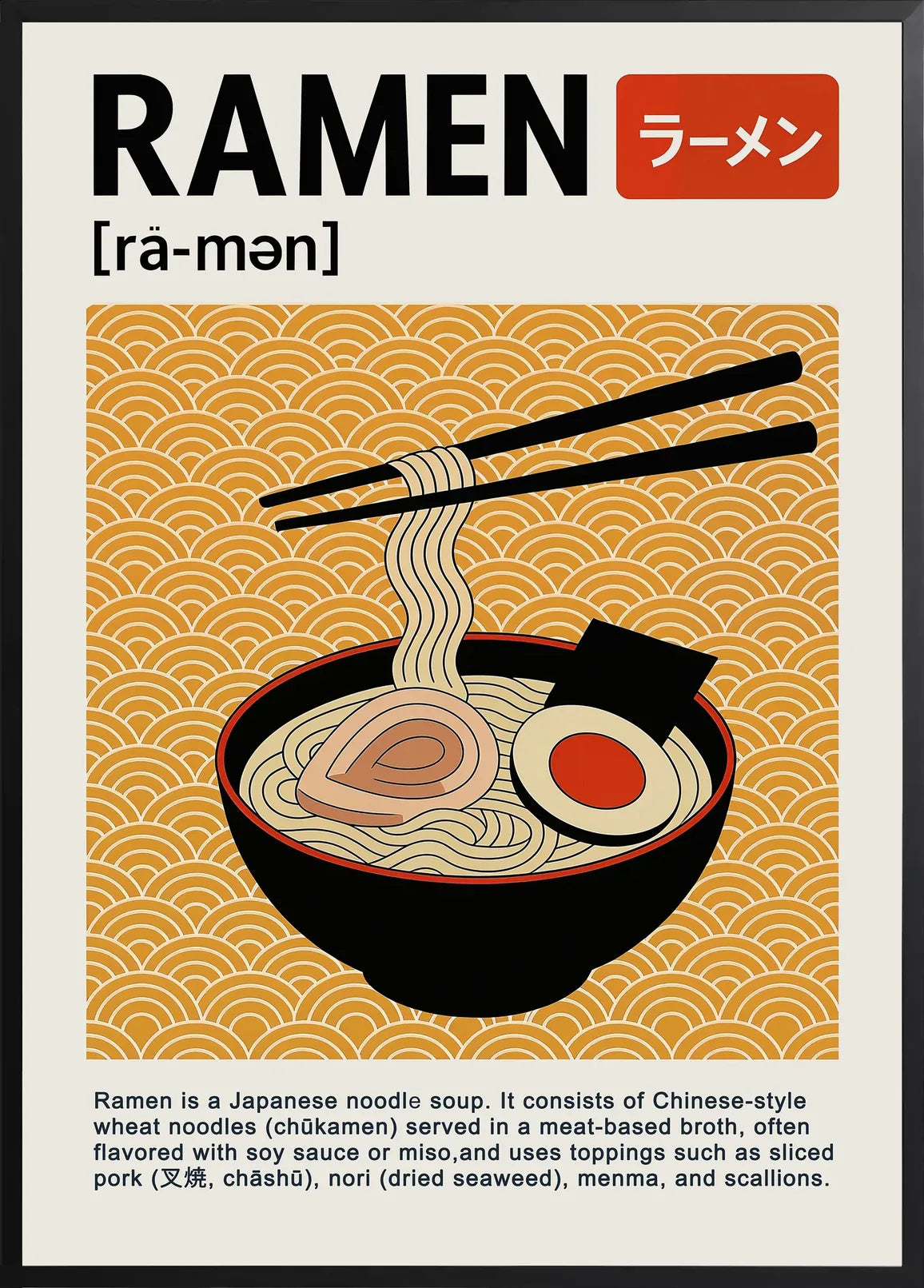Encadrement noir mat autour du bol de ramen et de l'oeuf mollet