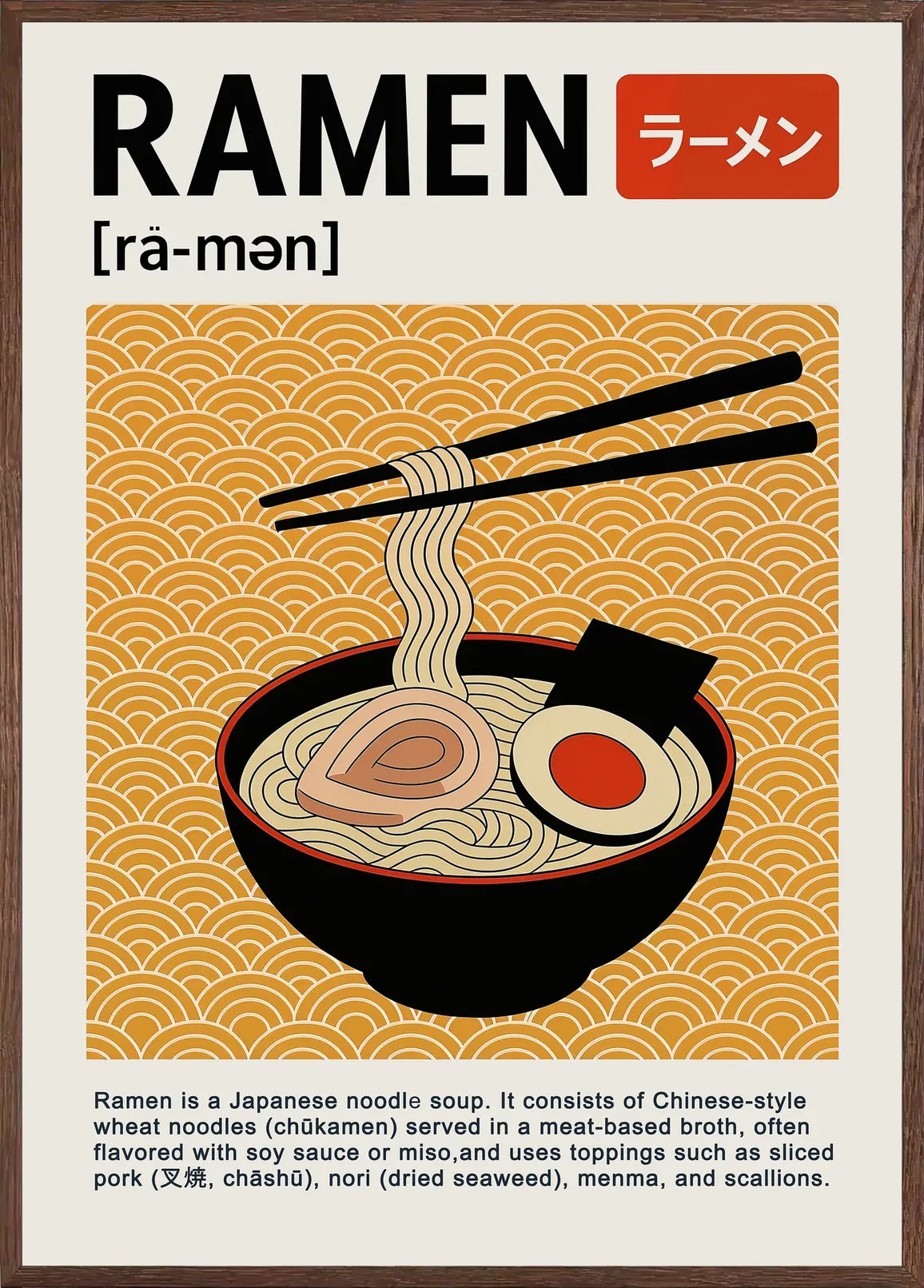 Cadre chene clair entourant l'affiche cuisine ramen japonais ocre