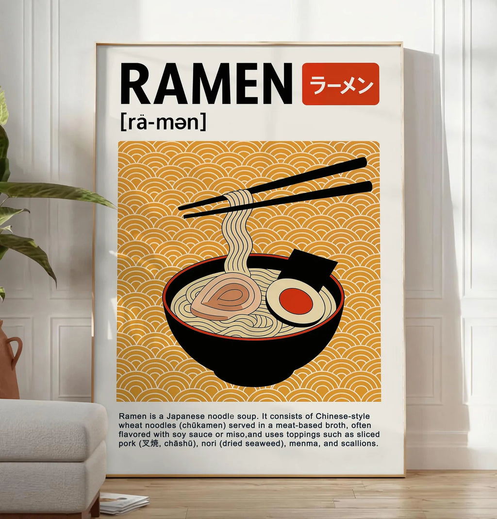 Reproduction affiche cuisine ramen japonais, posee au sol dans un salon minimaliste clair, a cote d'un canape beige et d'une plante verte, sur un parquet clair