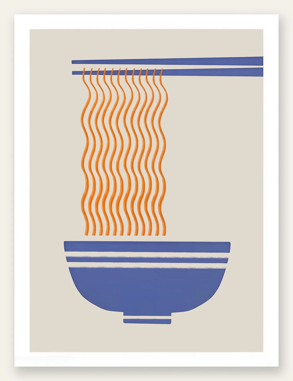 Affiche cuisine ramen, nouilles orange soulevees au-dessus d'un bol bleu