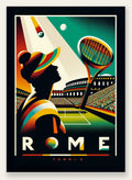 Affiche vintage Rome Tennis, silhouette d'une joueuse devant le Colisée