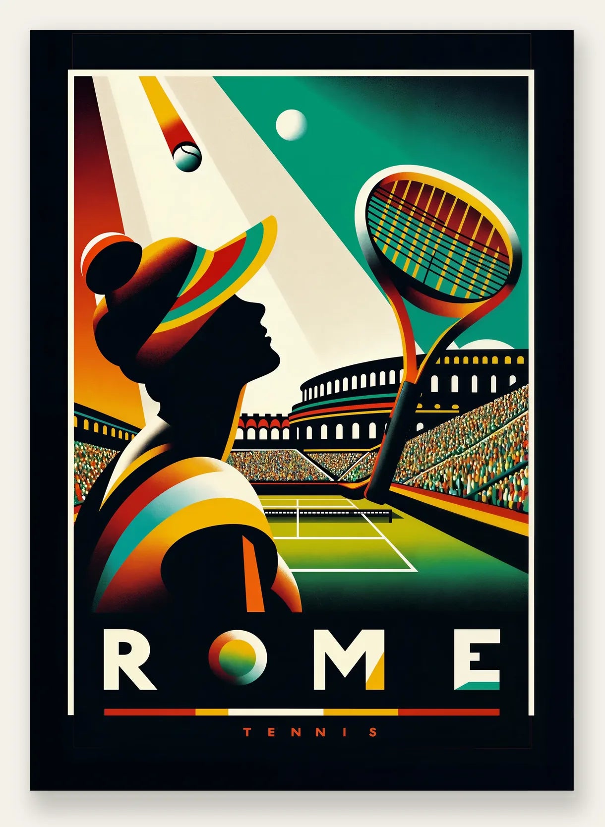 Affiche vintage Rome Tennis, silhouette d'une joueuse devant le Colisée