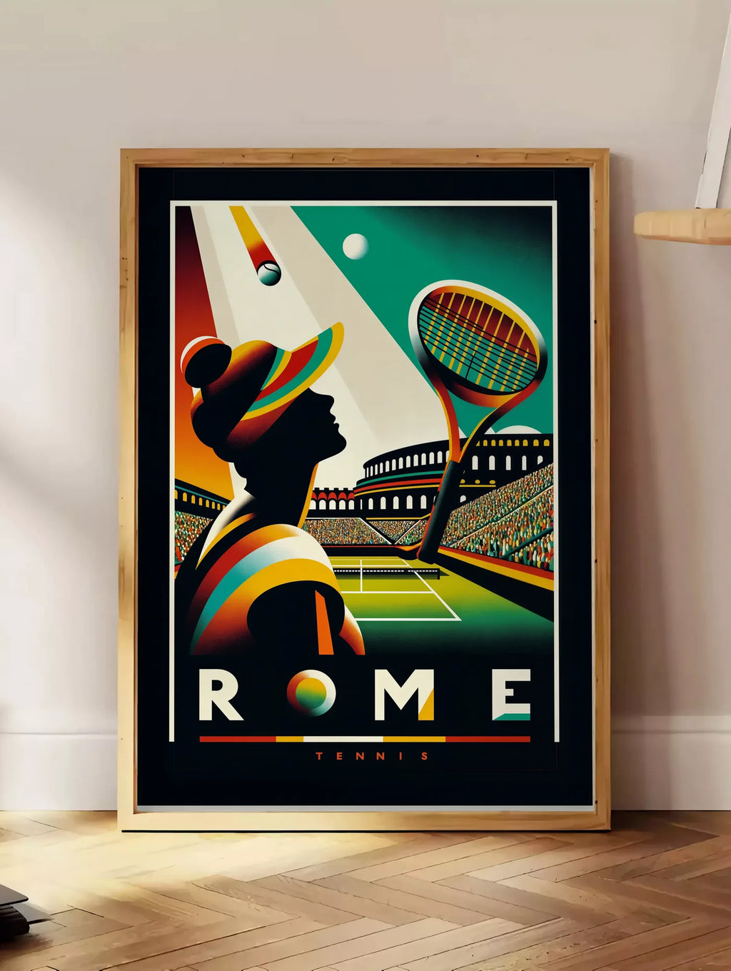 Affiche Rome Tennis encadrée chêne, accrochée dans une chambre