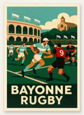 Joueurs de rugby en maillots rayés, diagonale d'action et palette bleu de cobalt, terracotta et noir d'ivoire