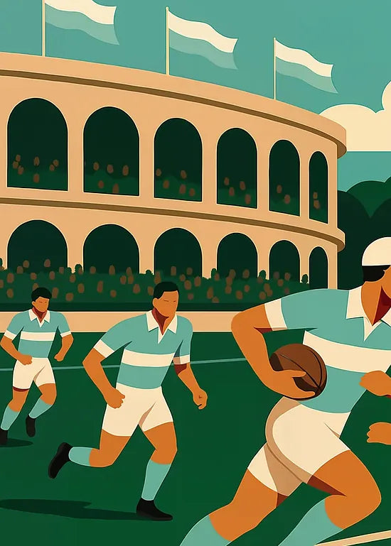 Gros plan sur un joueur de rugby portant le ballon, grain du papier 275 g/m2 visible
