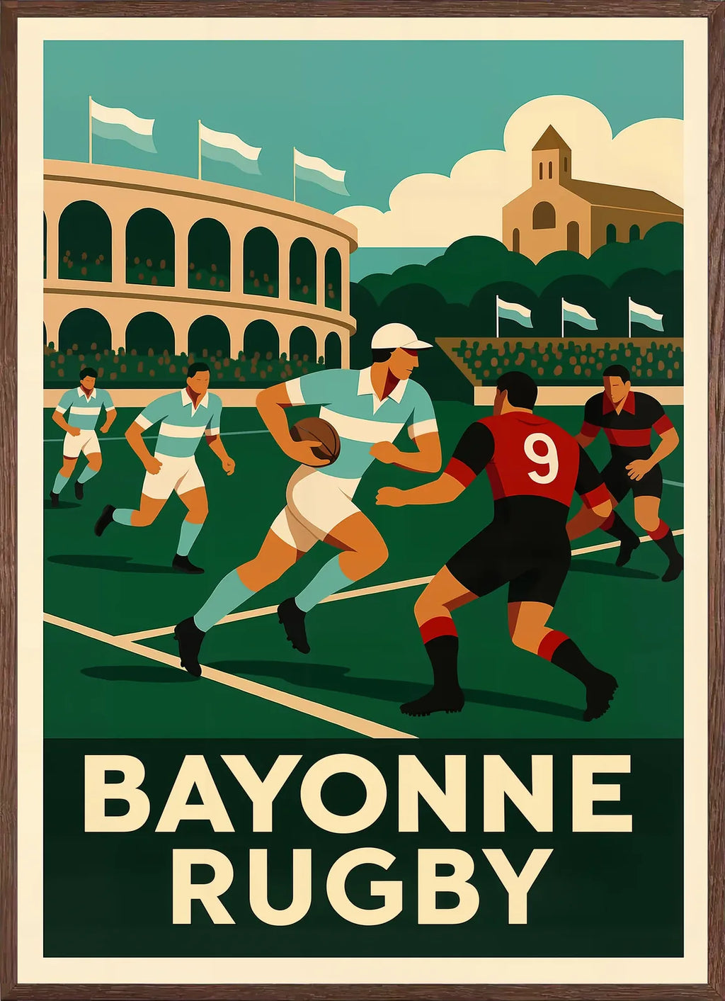 Plaque de joueurs de rugby portant le ballon en cadre chene clair, finition mate
